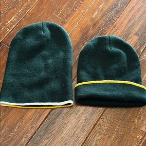 Pine Green, Gold, White Cuff Trim Beanie Hats. George Mason, Green Bay Packers!